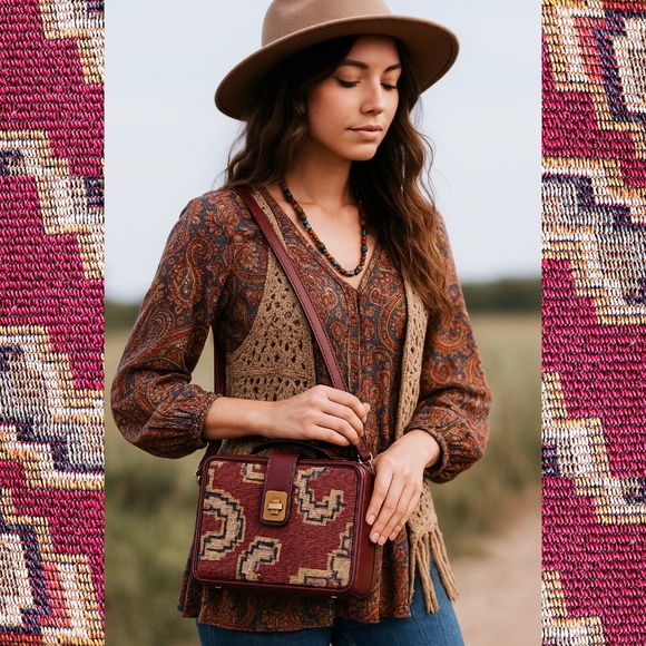 Patricia Nash Tapestry & Leather Crossbody Bag – Boho Box Satchel. NWOT - Picture 1 of 6